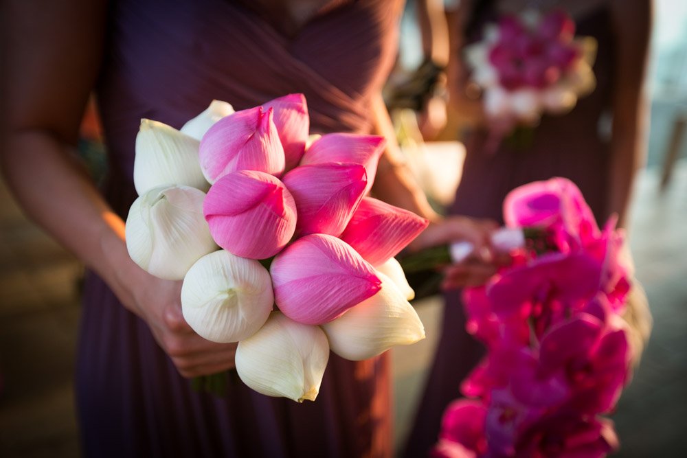 Wedding photography of beautiful Orchid decorated wedding venue in Thailand. 